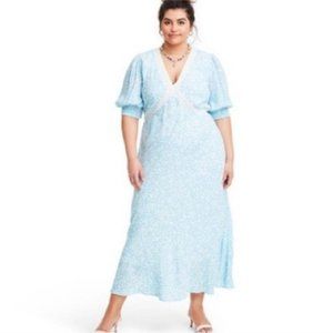 Rixo Women's Plus Size 16W/18W Blue Floral Puff Sleeve Lace Maxi Dress Lined